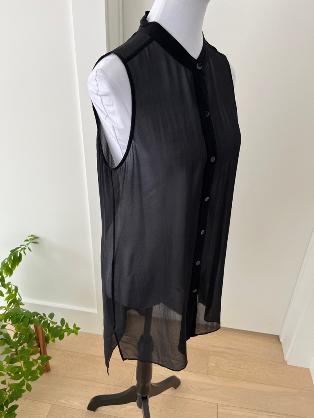 EILEEN FISHER Tunic Silk Sheer Sleeveless Hi Low Hem Mandarin Collar Lagenlook